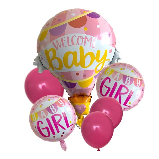 Balon din Folie Metalizata, Mini Figurine, Model Balon cu Aer Cald Fetita, Tematica Welcome Baby, 80x62 cm, Ambalaj Individual, Pai Inclus, Umflare cu Aer sau Heliu, Roz [1]