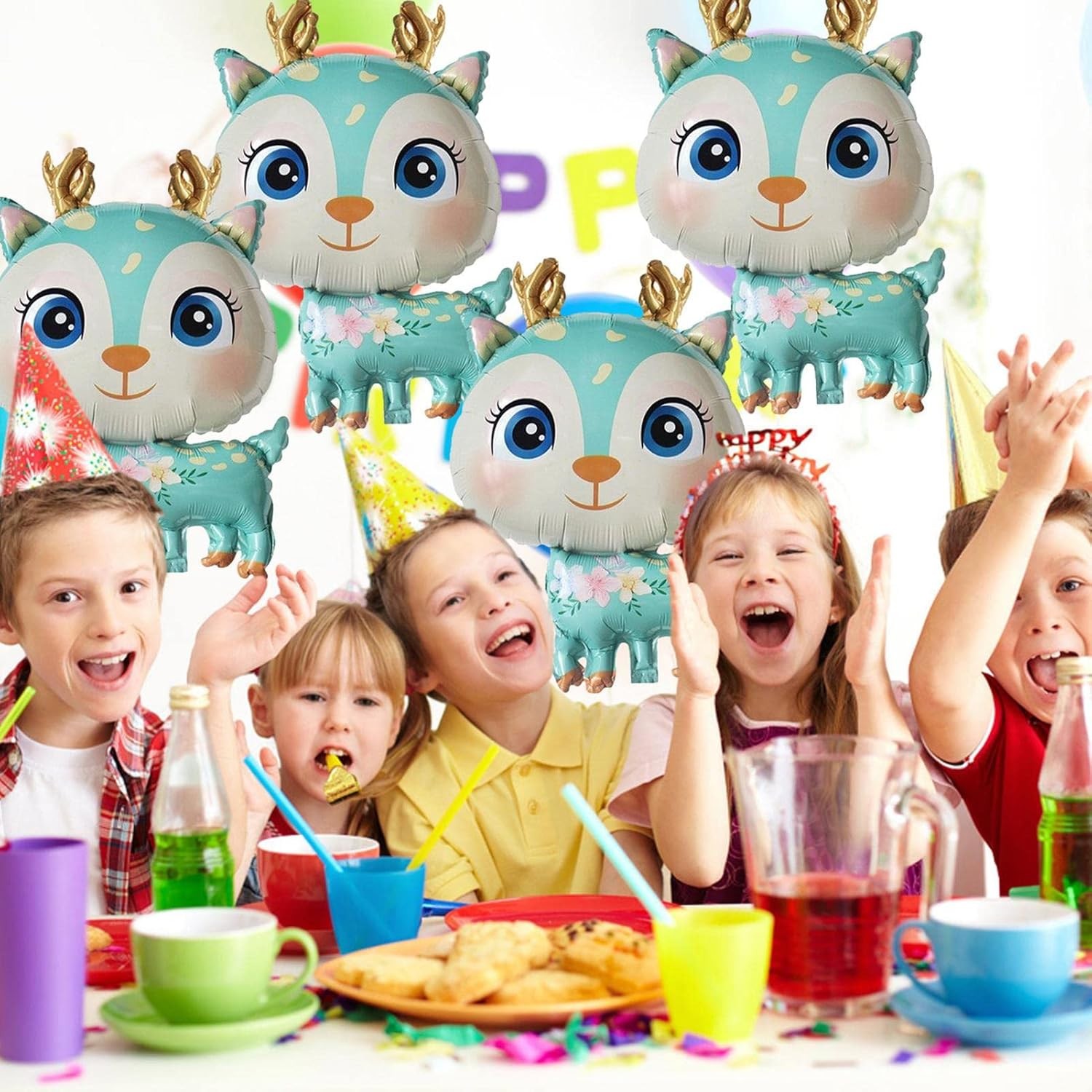 Balon din Folie Metalizata, Mini Figurine, Model Cerb, Tematica Aniversare, 49x74.5 cm, Ambalaj Individual, Pai Inclus, Umflare cu Aer sau Heliu, Albastru [3]