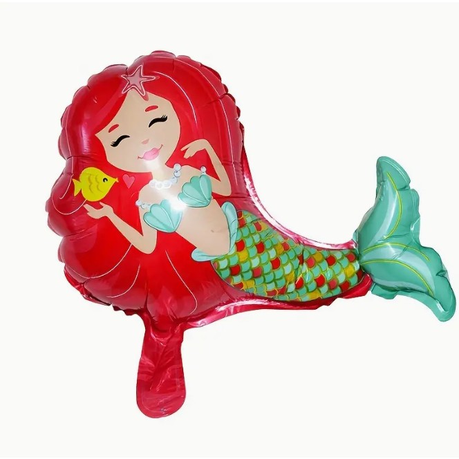 Balon din Folie Metalizata, Mini Figurine, Model Sirena cu Par Rosu, Tematica Aniversare, 39x37 cm, Ambalaj Individual, Pai Inclus, Umflare cu Aer sau Heliu, Multicolor [2]