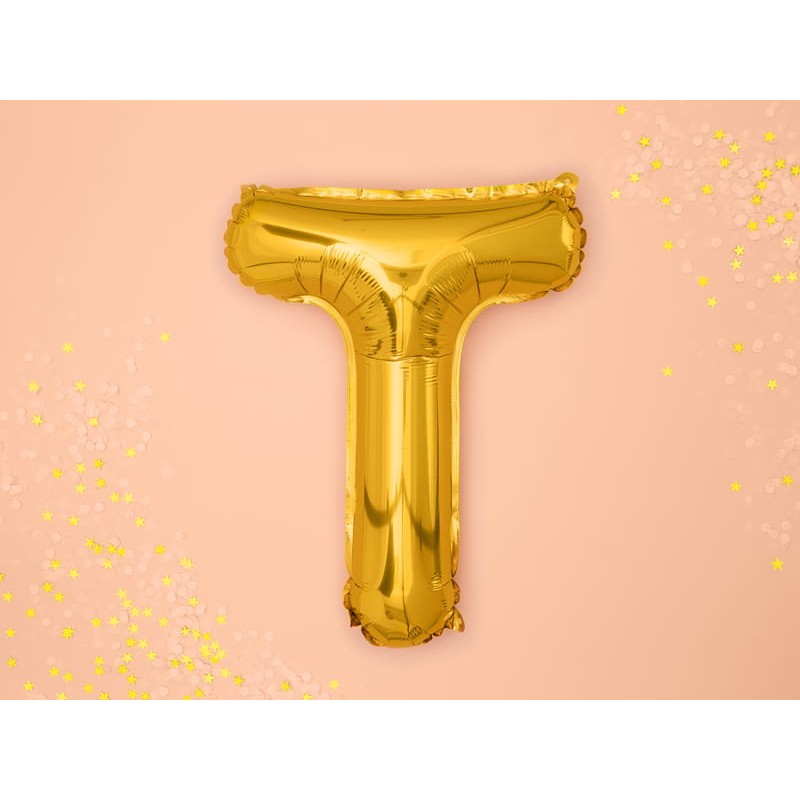 Balon Folie Metalizata Litera T, 40 cm, Umflati cu Heliu sau Aer, Ambalaj Individual, Pai inclus, Auriu [2]