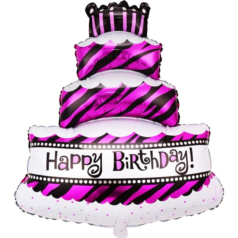 Figurine si Baloane 3D - Balon din Folie Metalizata, Model Tort cu 4 Straturi, Balon Aniversar, Model Happy Birthday, 62x43 cm, Ambalaj Individual, Pai inclus, Umflare cu Aer sau Heliu, Mov