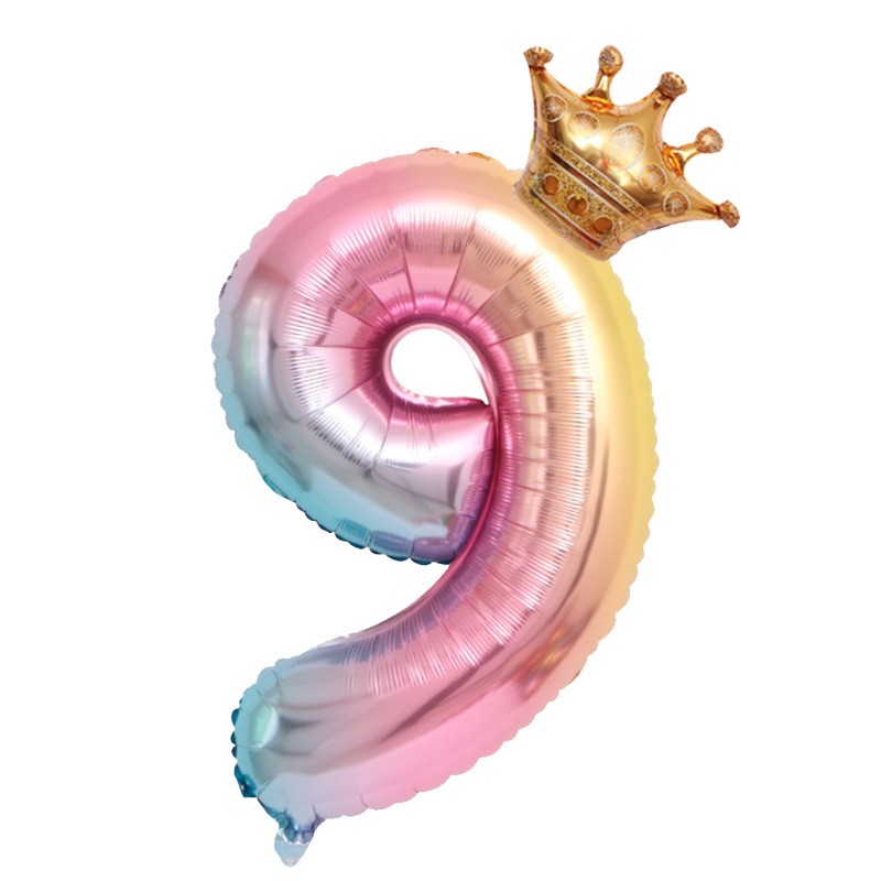 Baloane Folie - Balon din Folie Metalizata, Figurina Cifra Gradient, Tema Aniversare 80 cm, Ambalaj Individual, Pai inclus, Umflare cu Aer sau Heliu, Coronita, Cifra 9