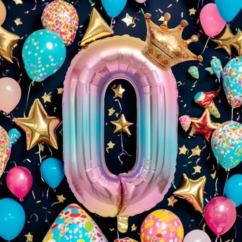 Balon din Folie Metalizata, Figurina Cifra Gradient, Tema Aniversare 80 cm, Ambalaj Individual, Pai inclus, Umflare cu Aer sau Heliu, Coronita, Cifra 0 [3]