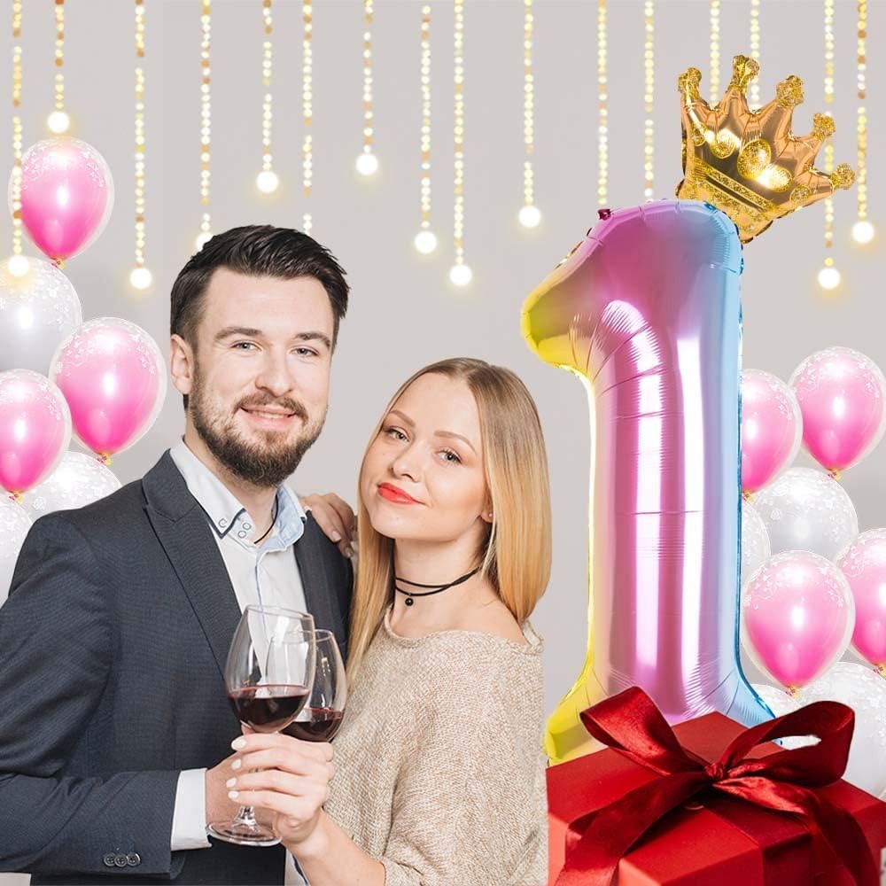 Balon din Folie Metalizata, Figurina Cifra Gradient, Tema Aniversare 80 cm, Ambalaj Individual, Pai inclus, Umflare cu Aer sau Heliu, Coronita, Cifra 1 [3]