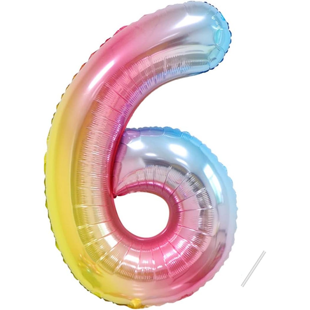Balon din Folie Metalizata Gradient Figurina Cifra, Tema Aniversare 100 cm, Ambalaj Individual, Pai inclus, Umflare cu Aer sau Heliu, Multicolor, Cifra 6 [6]
