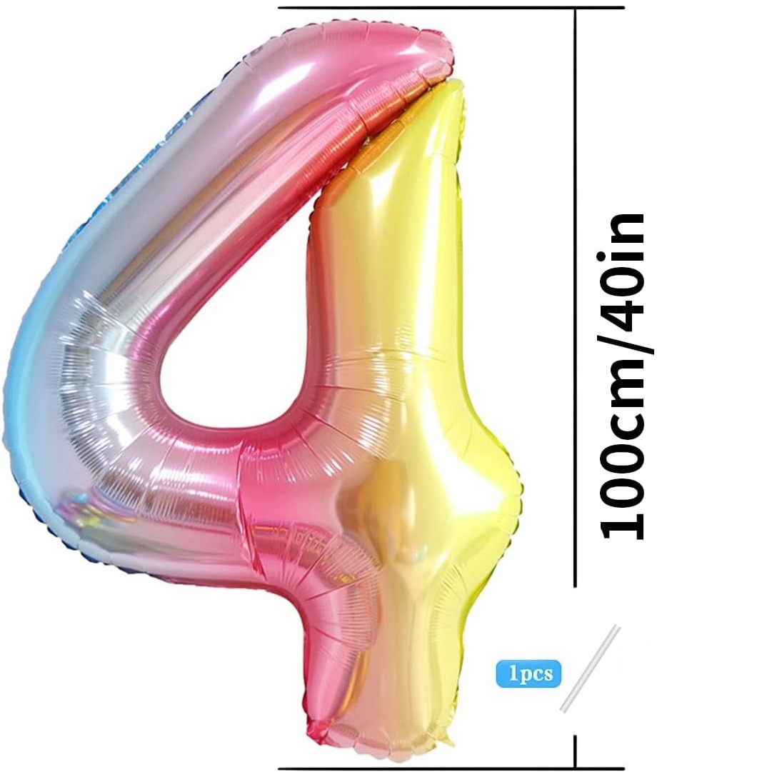 Balon din Folie Metalizata Gradient Figurina Cifra, Tema Aniversare 100 cm, Ambalaj Individual, Pai inclus, Umflare cu Aer sau Heliu, Multicolor, Cifra 4 [4]
