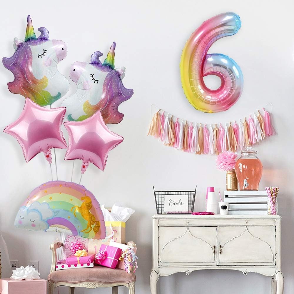 Balon din Folie Metalizata Gradient Figurina Cifra, Tema Aniversare 100 cm, Ambalaj Individual, Pai inclus, Umflare cu Aer sau Heliu, Multicolor, Cifra 6 [4]