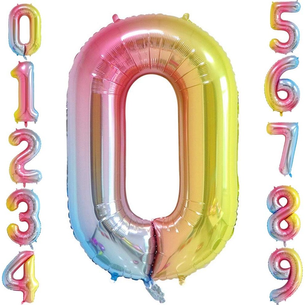 Balon din Folie Metalizata Gradient Figurina Cifra, Tema Aniversare 100 cm, Ambalaj Individual, Pai inclus, Umflare cu Aer sau Heliu, Multicolor, Cifra 0 [7]