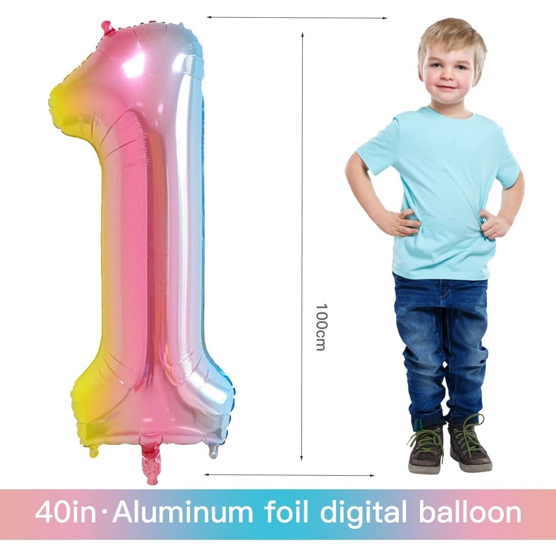 Balon din Folie Metalizata Gradient Figurina Cifra, Tema Aniversare 100 cm, Ambalaj Individual, Pai inclus, Umflare cu Aer sau Heliu, Multicolor, Cifra 1 [3]