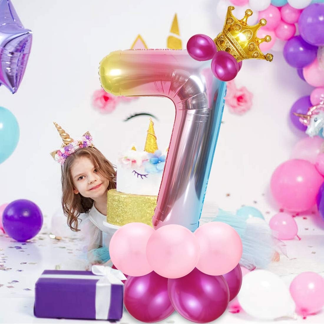 Balon din Folie Metalizata Gradient Figurina Cifra, Tema Aniversare 100 cm, Ambalaj Individual, Pai inclus, Umflare cu Aer sau Heliu, Multicolor, Cifra 7 [4]