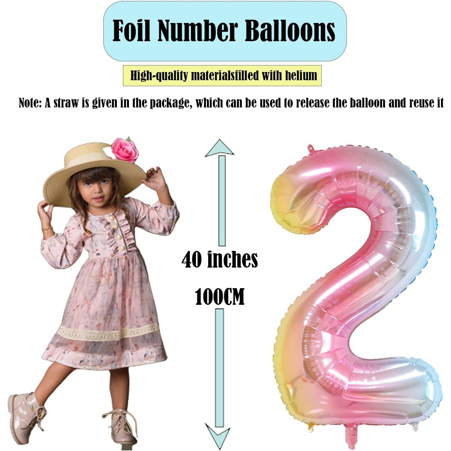 Balon din Folie Metalizata Gradient Figurina Cifra, Tema Aniversare 100 cm, Ambalaj Individual, Pai inclus, Umflare cu Aer sau Heliu, Multicolor, Cifra 2 [2]