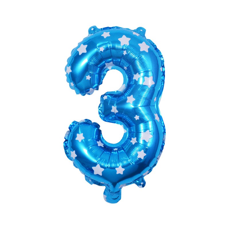 Baloane Folie - Balon din Folie Metalizata Figurina Cifra, Imprimeu Stele, Tema Aniversare 80 cm, Ambalaj Individual, Pai inclus, Umflare cu Aer sau Heliu, Albastru, Cifra 3