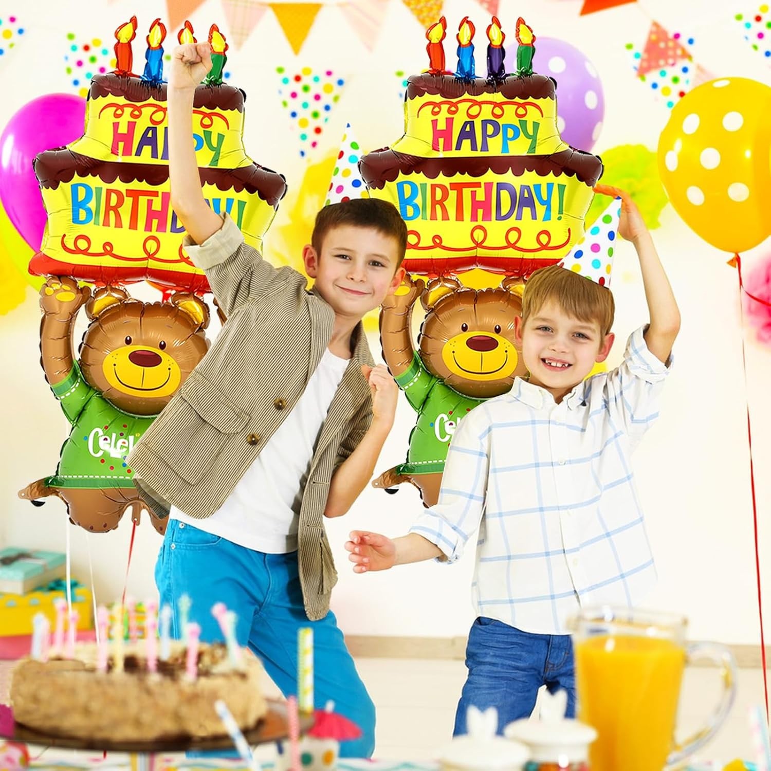 Balon din Folie Metalizata, Figurine Animalute, Model Ursulet cu Tort Aniversar, 124x65 cm, Ambalaj Individual, Pai Inclus, Umflare cu Aer sau Heliu, Multicolor [1]