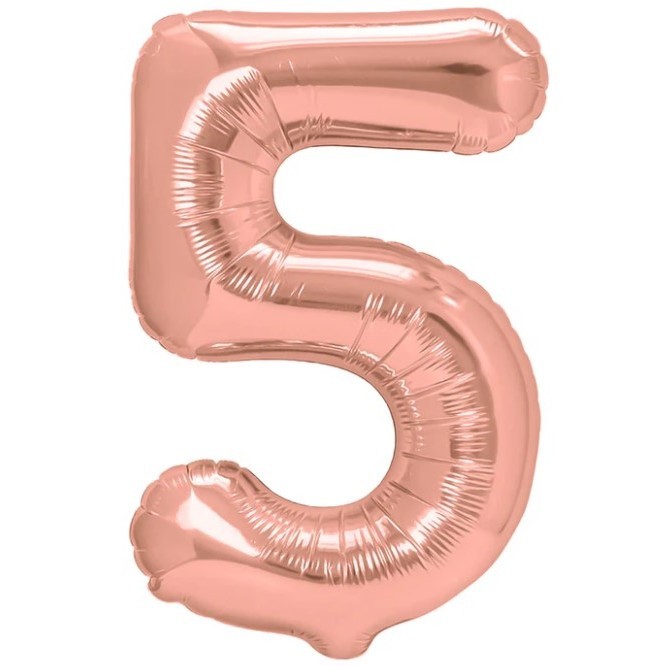 Articole Petrecere - Balon din Folie Metalizata Figurina Cifra, Tema Aniversare 100 cm, Ambalaj Individual, Pai inclus, Umflare cu Aer sau Heliu, Coral, Rose, Cifra 5