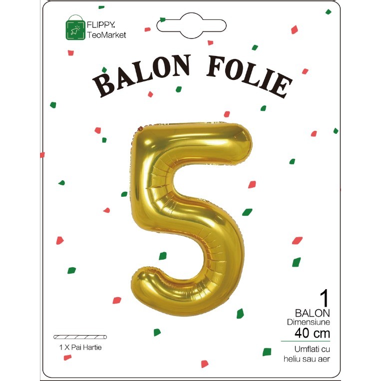 Balon din Folie Metalizata Figurina Cifra, Tema Aniversare 40 cm, Ambalaj Individual, Pai inclus, Umflare cu Aer sau Heliu, Auriu, Cifra 5 [1]