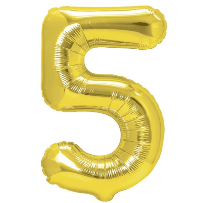 Cifre - Balon din Folie Metalizata Figurina Cifra, Tema Aniversare 40 cm, Ambalaj Individual, Pai inclus, Umflare cu Aer sau Heliu, Auriu, Cifra 5