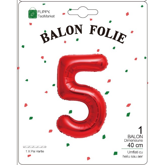 Balon din Folie Metalizata Figurina Cifra, Tema Aniversare 40 cm, Ambalaj Individual, Pai inclus, Umflare cu Aer sau Heliu, Rosu, Cifra 5 [1]