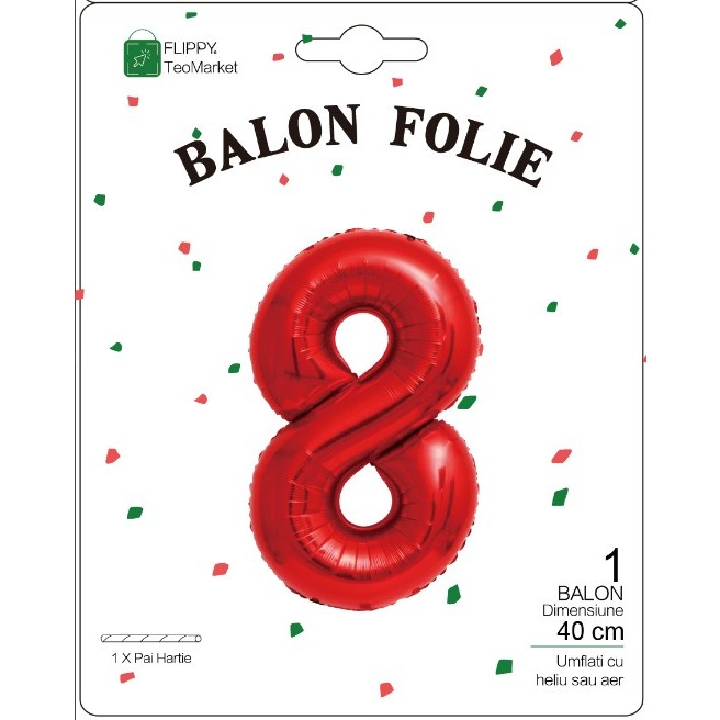 Balon din Folie Metalizata Figurina Cifra, Tema Aniversare 40 cm, Ambalaj Individual, Pai inclus, Umflare cu Aer sau Heliu, Rosu, Cifra 8 [1]