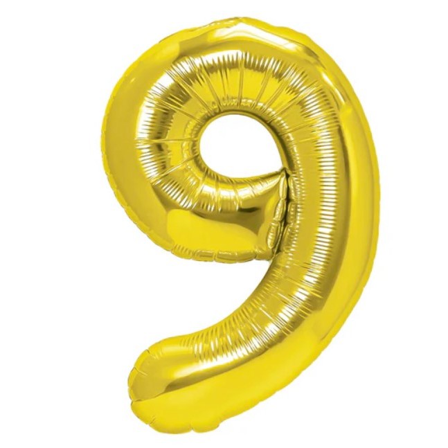 Cifre - Balon din Folie Metalizata Figurina Cifra, Tema Aniversare 40 cm, Ambalaj Individual, Pai inclus, Umflare cu Aer sau Heliu, Auriu, Cifra 9