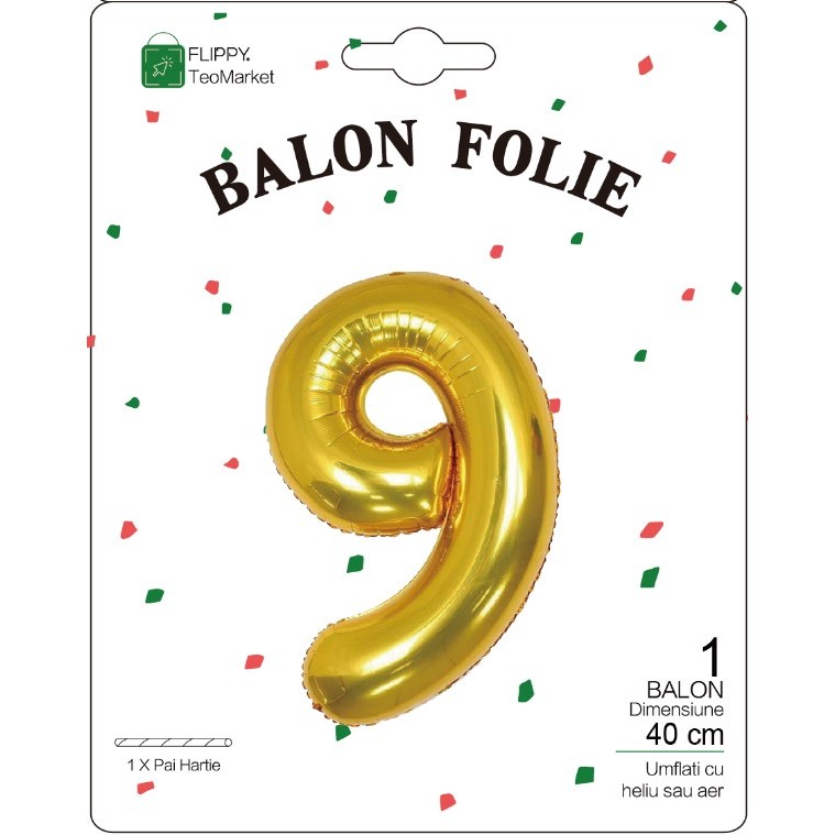 Balon din Folie Metalizata Figurina Cifra, Tema Aniversare 40 cm, Ambalaj Individual, Pai inclus, Umflare cu Aer sau Heliu, Auriu, Cifra 9 [1]