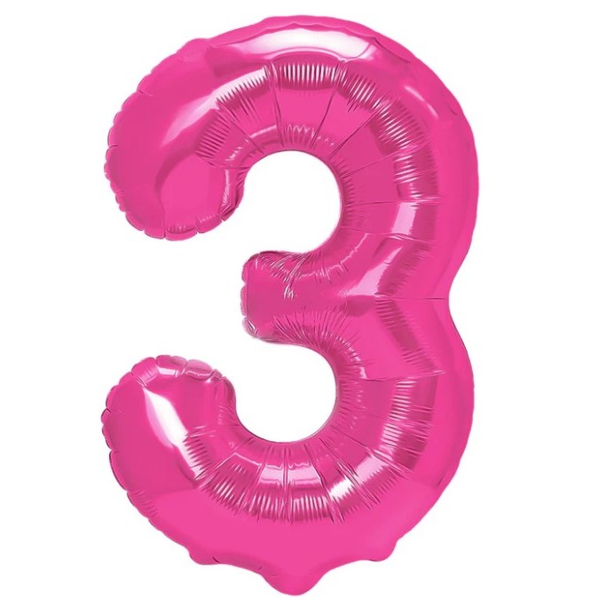 Cifre - Balon din Folie Metalizata Figurina Cifra, Tema Aniversare 40 cm, Ambalaj Individual, Pai inclus, Umflare cu Aer sau Heliu, Roz, Cifra 3