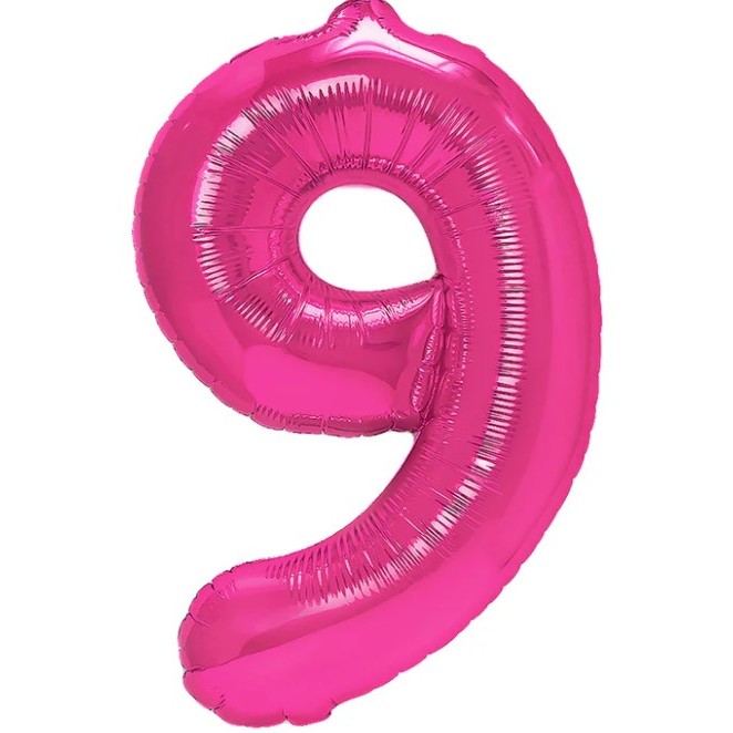 Cifre - Balon din Folie Metalizata Figurina Cifra, Tema Aniversare 40 cm, Ambalaj Individual, Pai inclus, Umflare cu Aer sau Heliu, Roz, Cifra 9