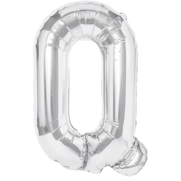 Litere - Balon Folie Metalizata Litera Q, 40 cm, Umflati cu Heliu sau Aer, Ambalaj Individual, Pai inclus, Argintiu