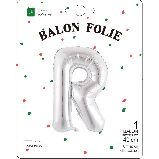 Balon Folie Metalizata Litera R, 40 cm, Umflati cu Heliu sau Aer, Ambalaj Individual, Pai inclus, Argintiu [1]