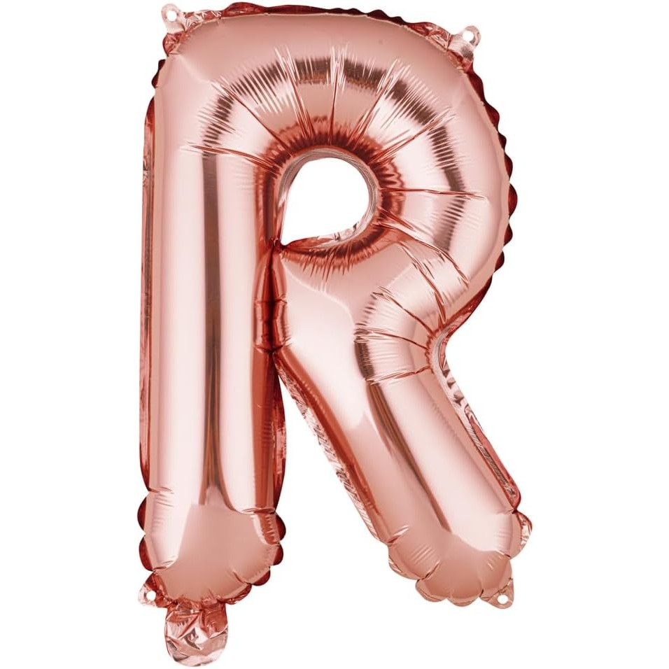 Litere - Balon Folie Metalizata Litera R, 40 cm, Umflati cu Heliu sau Aer, Ambalaj Individual, Pai inclus, Rose Gold