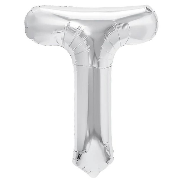 Litere - Balon Folie Metalizata Litera T, 40 cm, Umflati cu Heliu sau Aer, Ambalaj Individual, Pai inclus, Argintiu