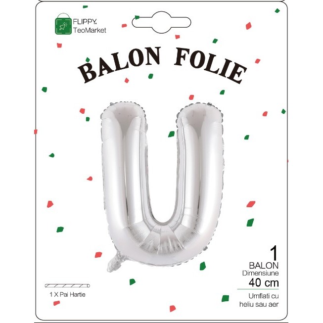 Balon Folie Metalizata Litera U, 40 cm, Umflati cu Heliu sau Aer, Ambalaj Individual, Pai inclus, Argintiu [1]