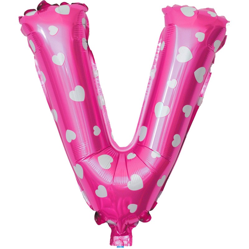 Balon Folie Metalizata Litera V, 40 cm, Cu Imprimeu Inimioare, Umflati cu Heliu sau Aer, Ambalaj Individual, Pai inclus, Roz [2]
