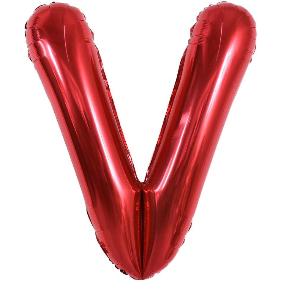 Litere - Balon Folie Metalizata Litera V, 40 cm, Umflati cu Heliu sau Aer, Ambalaj Individual, Pai inclus, Rosu