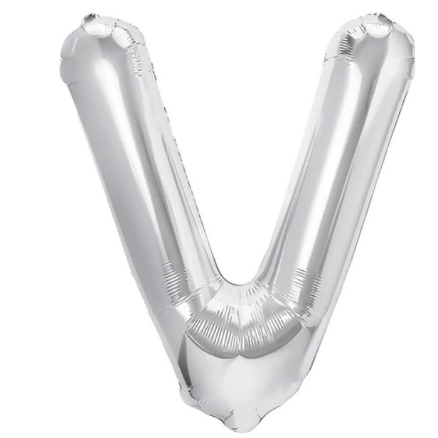 Litere - Balon Folie Metalizata Litera V, 40 cm, Umflati cu Heliu sau Aer, Ambalaj Individual, Pai inclus, Argintiu