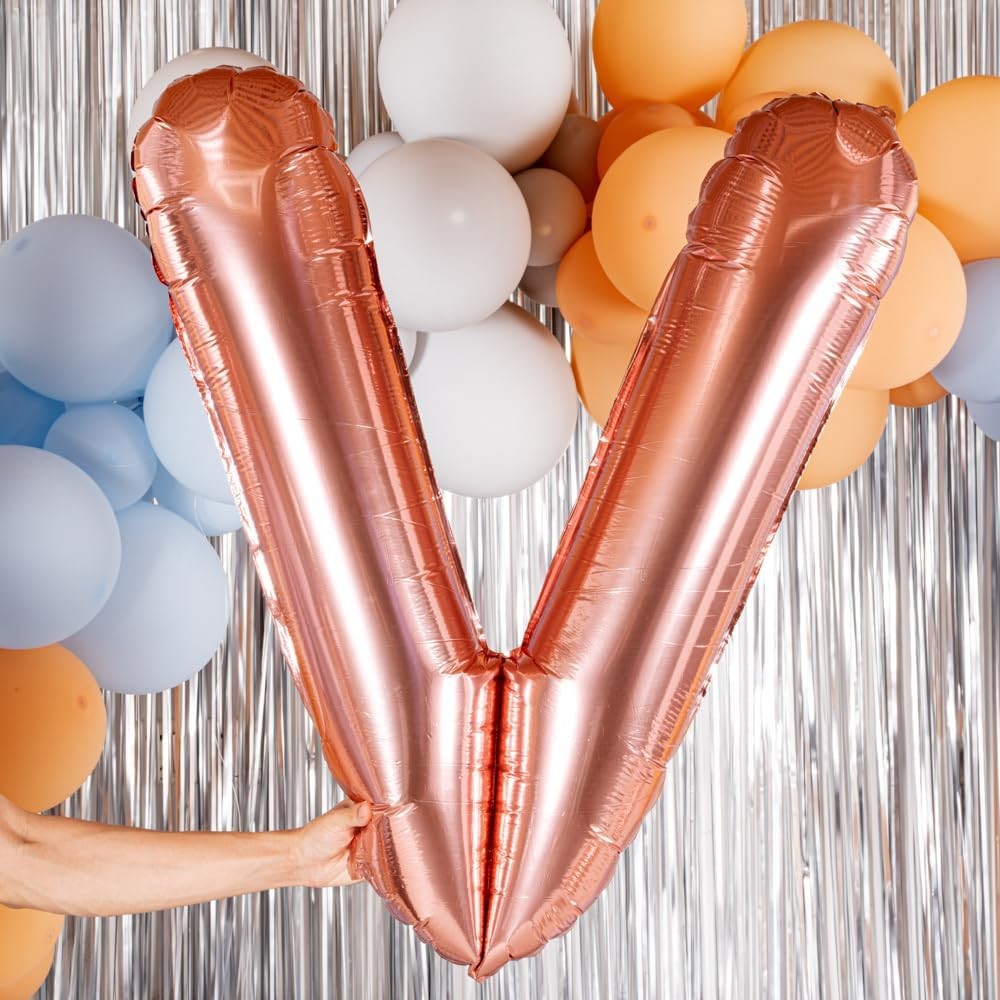 Balon Folie Metalizata Litera V, 80 cm, Umflati cu Heliu sau Aer, Ambalaj Individual, Pai inclus, Rose Gold [4]