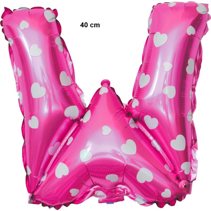 Balon Folie Metalizata Litera W, 40 cm, Cu Imprimeu Inimioare, Umflati cu Heliu sau Aer, Ambalaj Individual, Pai inclus, Roz [1]