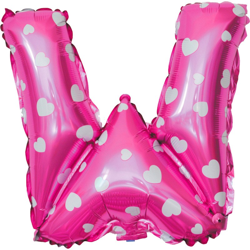 Litere - Balon Folie Metalizata Litera W, 40 cm, Cu Imprimeu Inimioare, Umflati cu Heliu sau Aer, Ambalaj Individual, Pai inclus, Roz