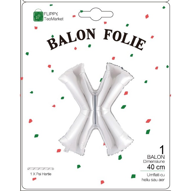 Balon Folie Metalizata Litera X, 40 cm, Umflati cu Heliu sau Aer, Ambalaj Individual, Pai inclus, Argintiu [1]