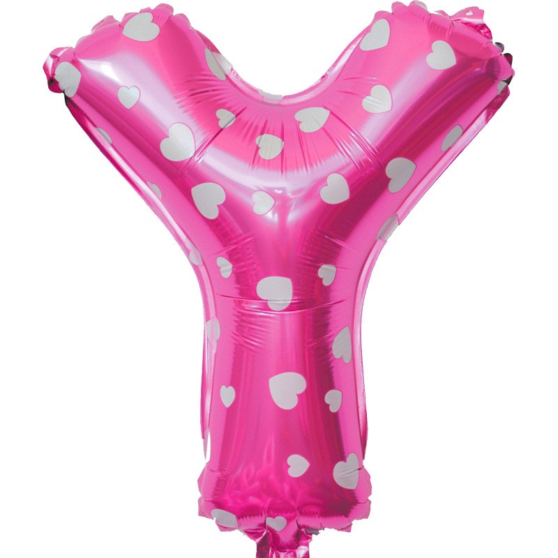 Balon Folie Metalizata Litera Y, 40 cm, Cu Imprimeu Inimioare, Umflati cu Heliu sau Aer, Ambalaj Individual, Pai inclus, Roz [2]