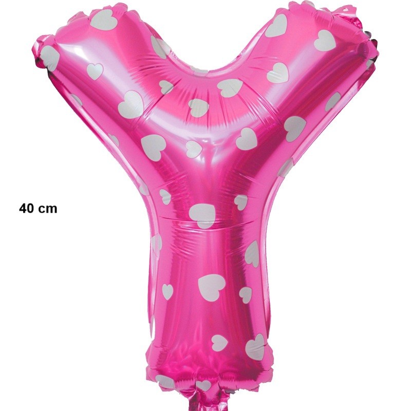 Balon Folie Metalizata Litera Y, 40 cm, Cu Imprimeu Inimioare, Umflati cu Heliu sau Aer, Ambalaj Individual, Pai inclus, Roz [1]