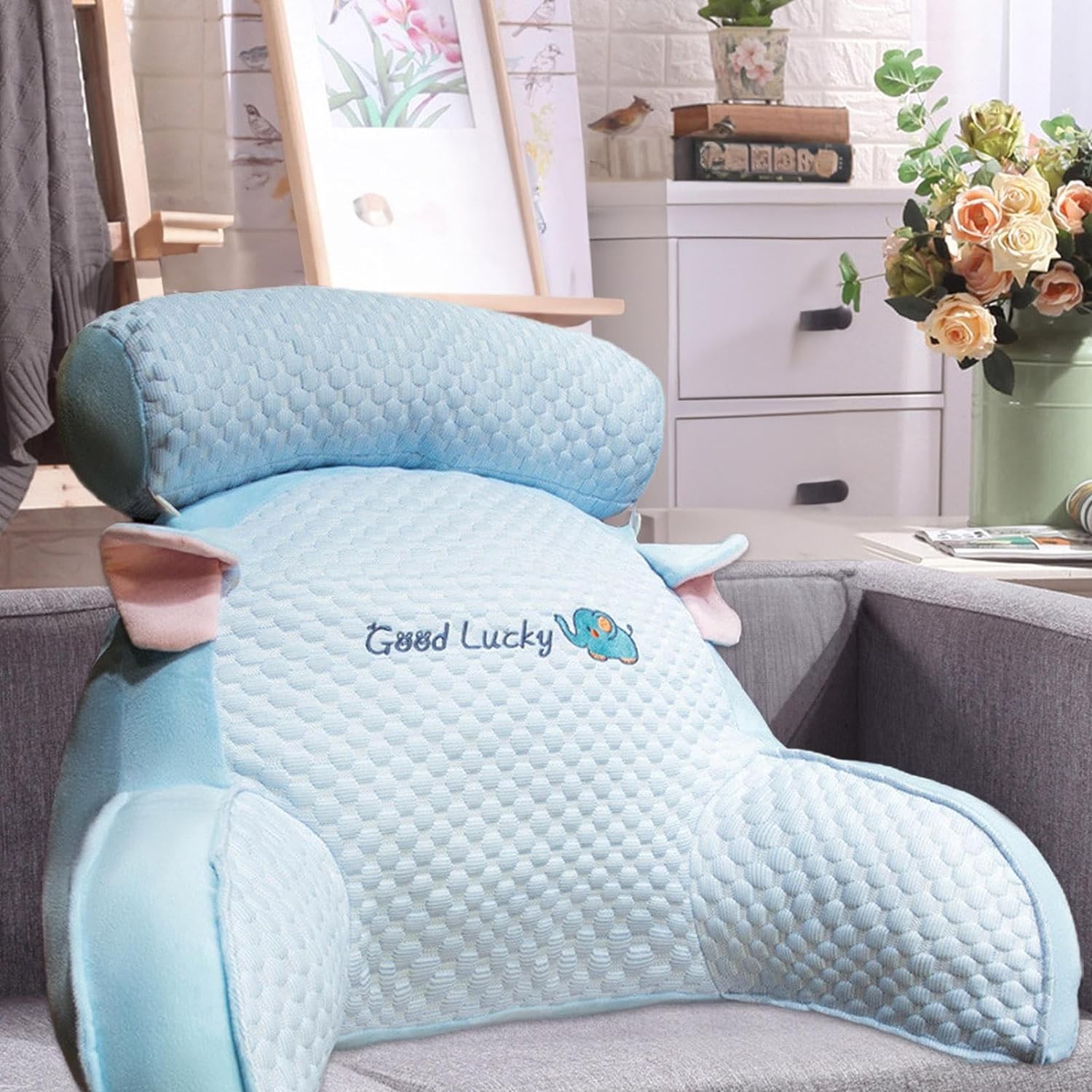 Perna Multifunctionala, Spatar pentru Pat, Protectie Lombara, Marime Medie, 60 x 40 cm, din Plus, Model Elefant, Albastru [2]