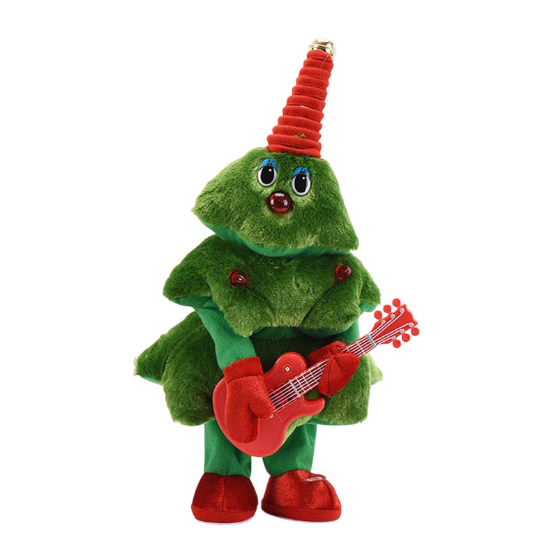 Figurine Decorative Craciun - Bradut Dansator si Cantaret, Decoratiune de Craciun, Jucarie Interactiva, cu Chitara, cu Lumini, 25 cm Inaltime, Verde