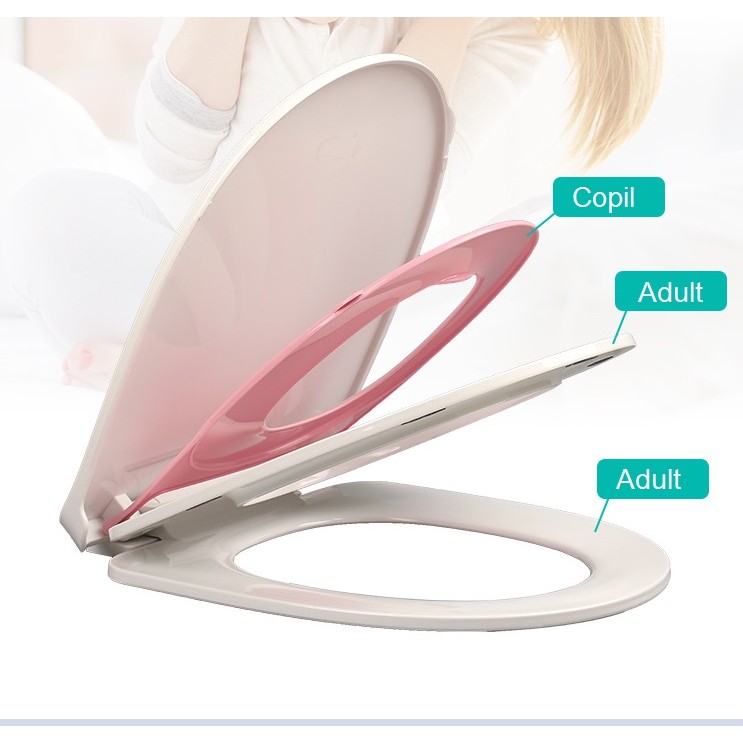 Capac de Toaleta cu Reductie 3 in 1, pentru Copii +3 Ani si Adulti, Coborare Lenta si Silentioasa, Instalare Usoara, din PP5 , in Forma de U, Alb/Roz [1]