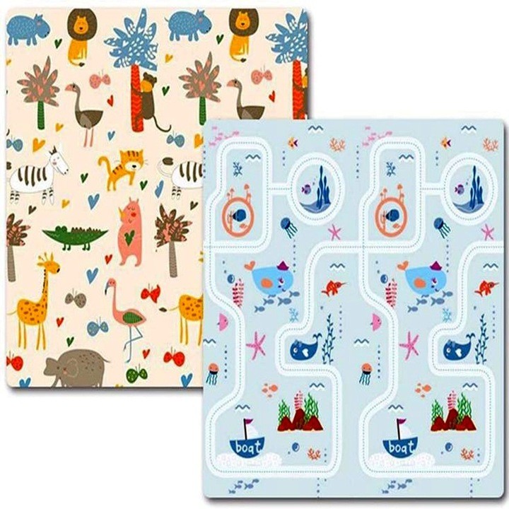 Articole pentru Copii - Covora? de Joaca pentru Copii Termic cu 2 Fete, Model Lumea Animalelor si Calatorie pe mare, cu Spuma, Impermeabil, Antiderapant, 200x180 x 0.8 cm, Multicolor