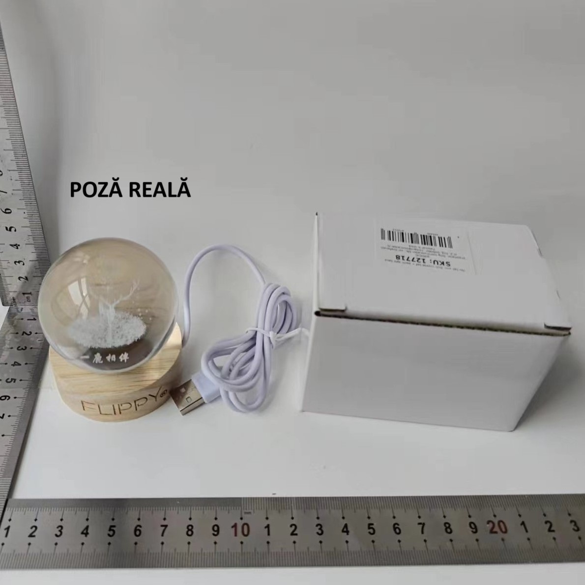 Lampa LED Decorativa, cu Bila de Cristal cu Diametru 6cm, Model Cerb 3D, Alimentare USB, Suport din Lemn, Lumina Alb Cald [4]