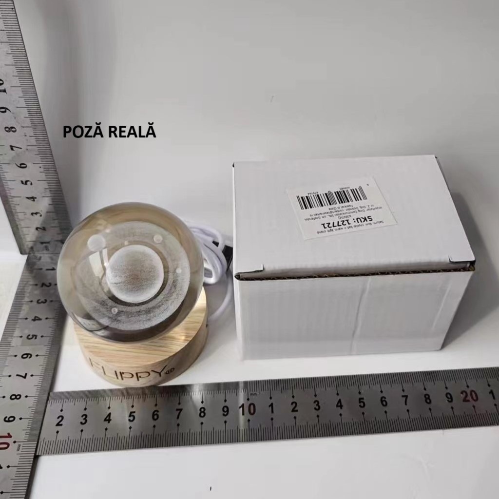 Lampa LED Decorativa, cu Bila de Cristal cu Diametru 6cm, Model Saturn 3D, Alimentare USB, Suport din Lemn, Lumina Alb Cald [6]