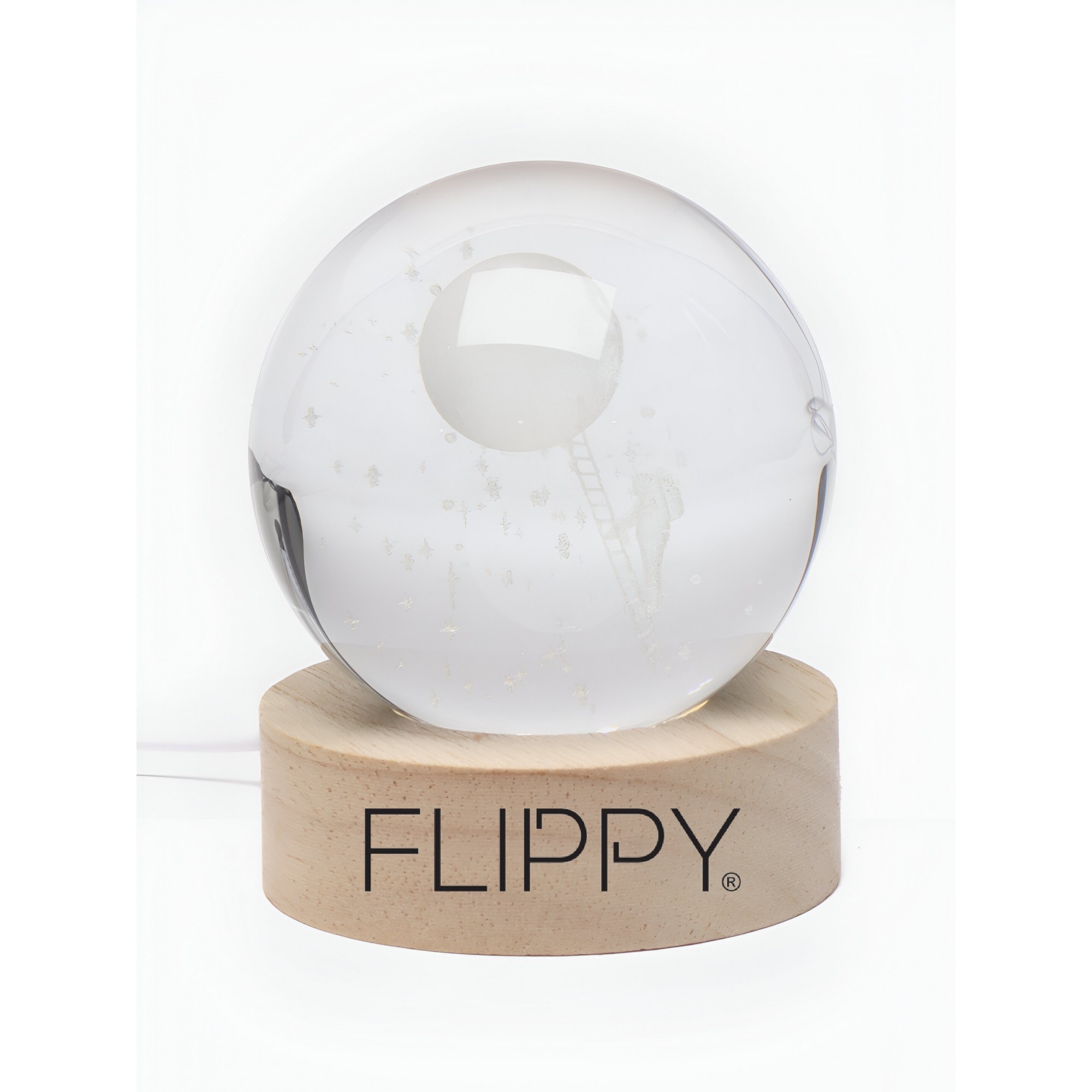 Lampa LED Decorativa, cu Bila de Cristal cu Diametru 6cm, Model Astronaut pe Scara catre Luna 3D, Alimentare USB, Suport din Lemn, Lumina Alb Cald [4]