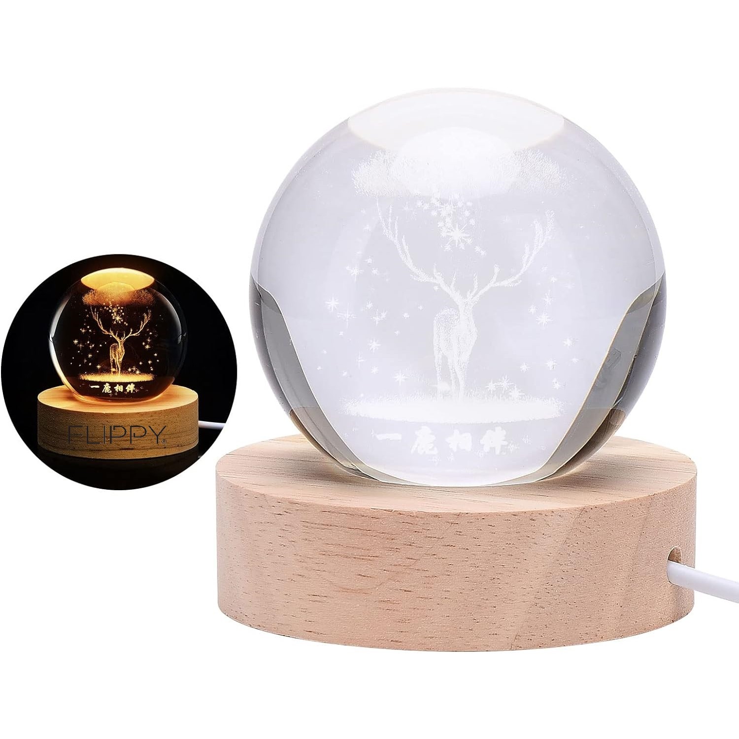 Lampa LED Decorativa, cu Bila de Cristal cu Diametru 6cm, Model Cerb 3D, Alimentare USB, Suport din Lemn, Lumina Alb Cald [2]