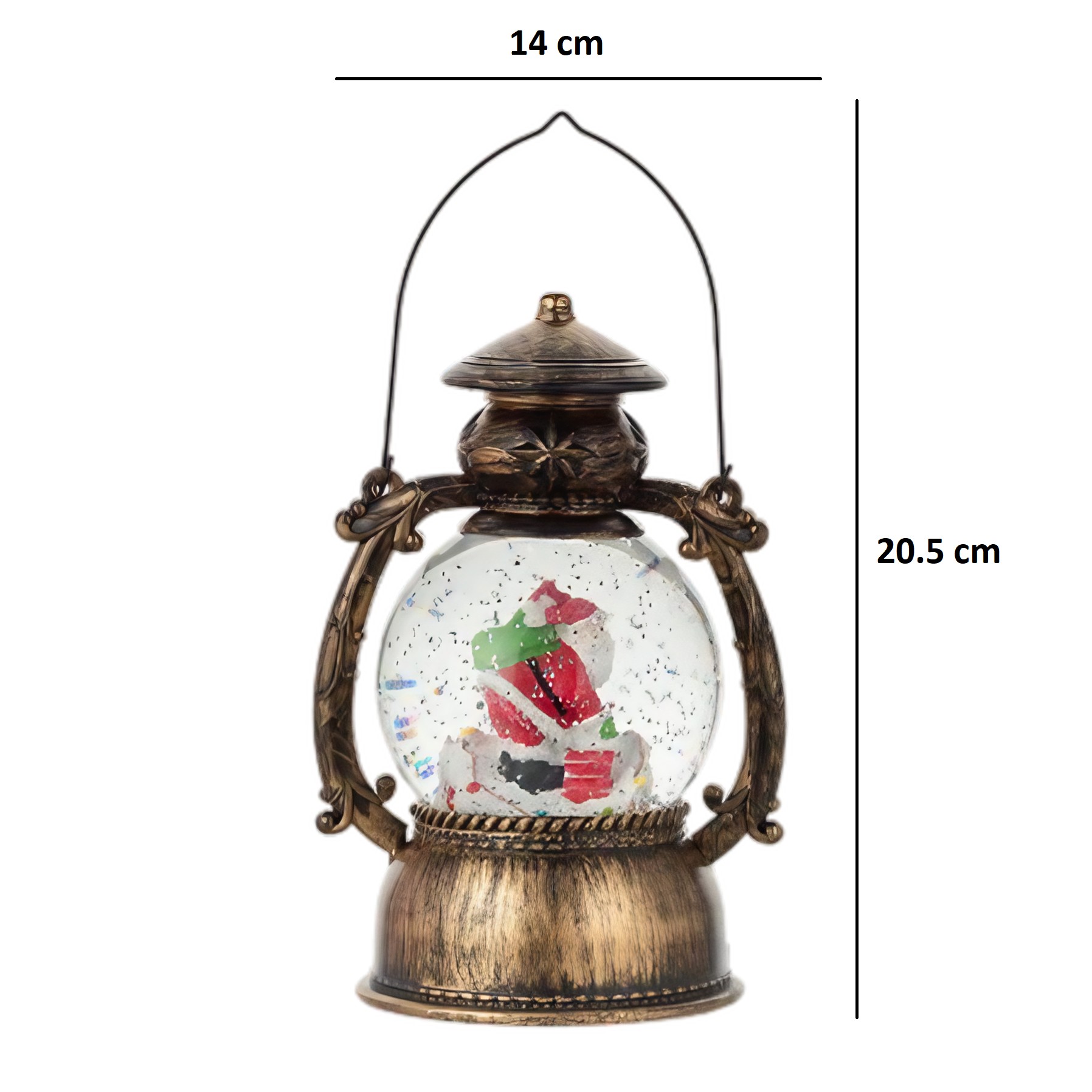 Decoratiune Craciun, Tip Felinar, Figurine Mos Craciun pe Cos, 3 Moduri, Functie Muzicala, Zapada in Miscare, Functioneaza Cu Baterii ( 3 x AA neincluse), Cablu USB (Inclus), Model Vintage Negru - Auriu, 14 x 11 x 20.5 cm, Alb Cald [1]