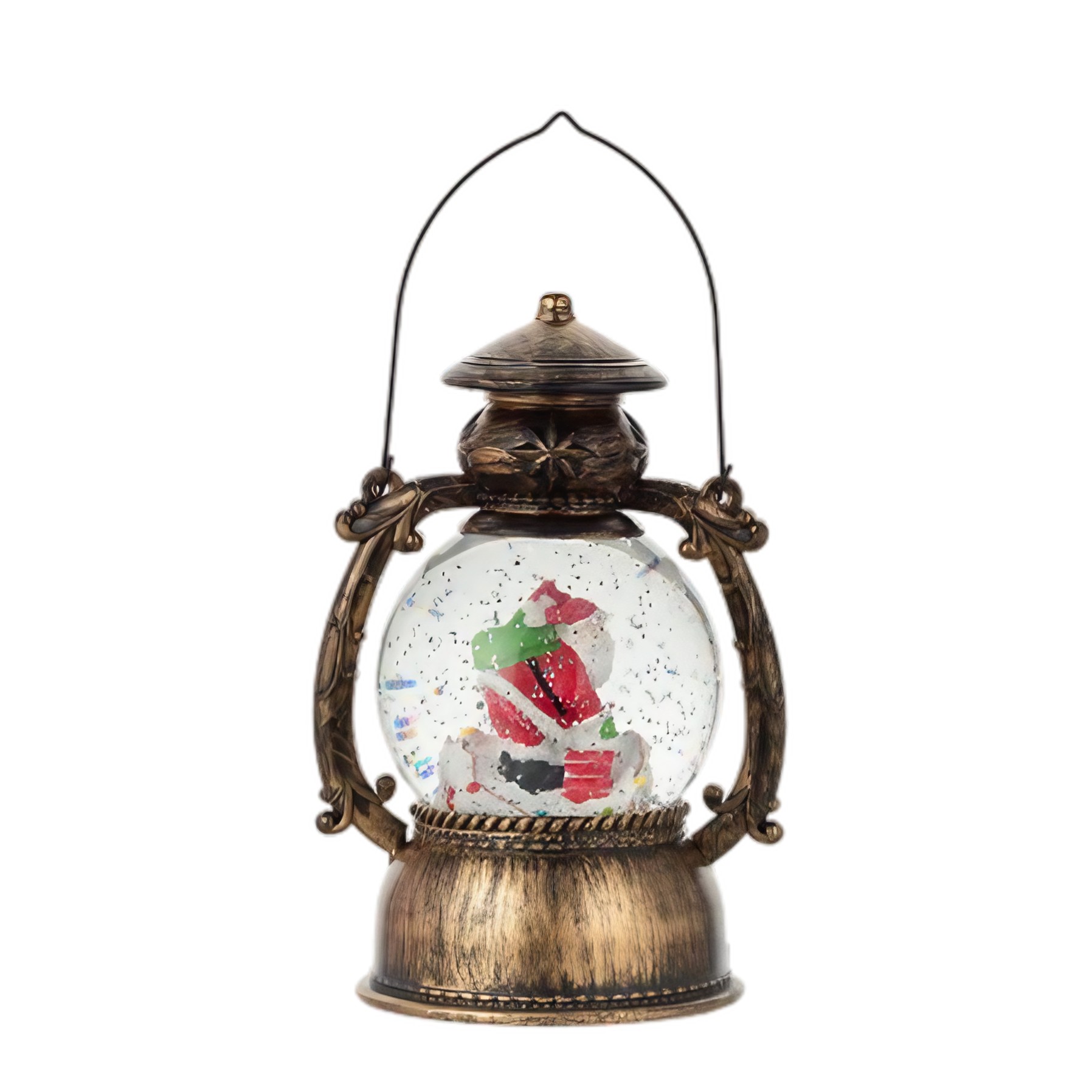 Decoratiune Craciun, Tip Felinar, Figurine Mos Craciun pe Cos, 3 Moduri, Functie Muzicala, Zapada in Miscare, Functioneaza Cu Baterii ( 3 x AA neincluse), Cablu USB (Inclus), Model Vintage Negru - Auriu, 14 x 11 x 20.5 cm, Alb Cald [3]